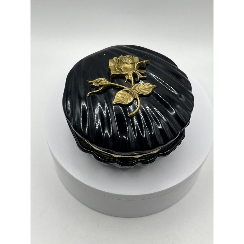 VINTAGEHinged Trinket/Jewelry Box Vintage Plastic Black Decorative Gold Flowers